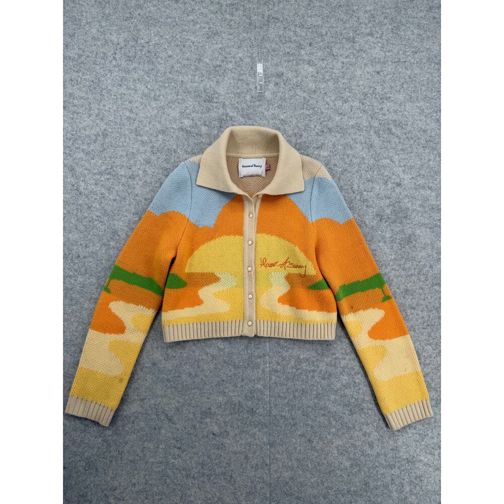 House of Sunny Day Tripper Jacquard Orange/Yellow Cardigan Size US 4 - Picture 2 of 14